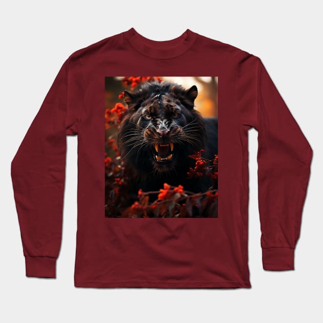 Floral Black Lion Roar Long Sleeve T-Shirt by Shibuz4.art